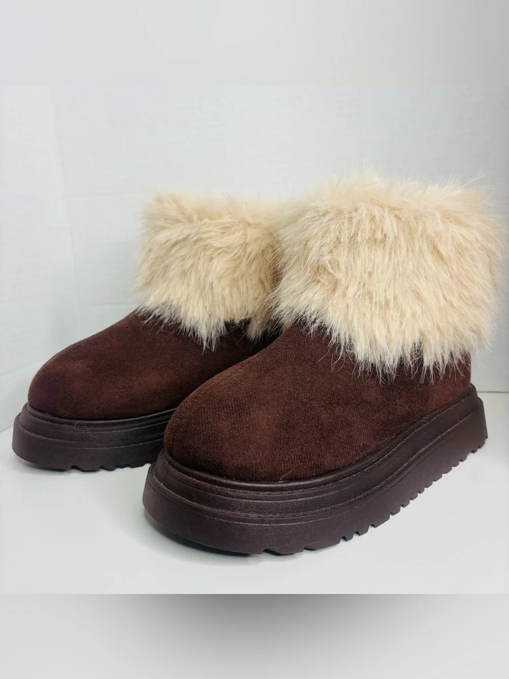 Women's Dark Brown Faux Suede Ankle Boots with Cream Faux-Fur Cuff